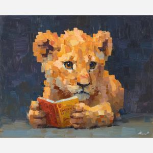 kawaii lion pixel, studying lion, pixel notebook, pastel mane, cute lion cub, chibi animal reading, adorable study scene