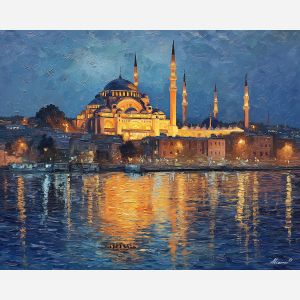 Blue Mosque, Istanbul skyline, Bosphorus strait, domes and minarets, blue and gold tones, Turkish landmark, evening light, European-Asian crossroads, palette-knife sky, waterfront city view, historic mosque, illuminated architecture, cool blue dome, warm minaret glow, twilight city scene, layered rooftops, coastal skyline, iconic Istanbul, spiritual landmark, harbor lights