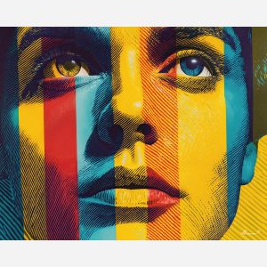 striped face, pop portrait, color blocks, halftone shadows, bold linework, retro comic style, graphic face art, high contrast portrait, flat shading, bright pop palette