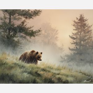 a, quiet, bear, in, a, natural, setting, painted, soft washes, pastel hues, natural flow, gentle gradients, atmospheric depth, textural blending, organic motion, diffused light, fine pigments, layered tones