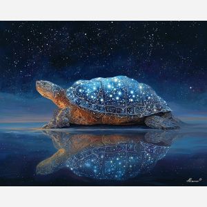 fantasy turtle, starry shell, oil painting, magical animal, soft fantasy, painterly texture, calm atmosphere, night glow, detailed oil