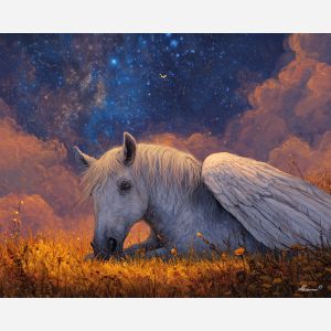 winged horse, fantasy creature, oil painting, soft fantasy, magical animal, painterly texture, calm atmosphere, glowing meadow, gentle light, detailed oil, serene mood, fantasy wildlife, ethereal scene