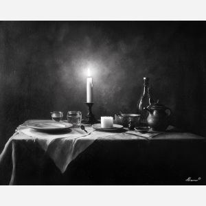 black and white still life,candlelight,oil painting