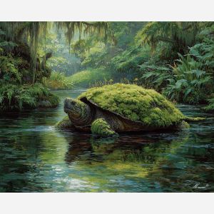 fantasy turtle,river landscape,daylight oil painting