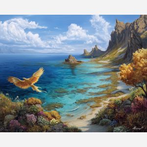 fantasy phoenix,coastal landscape,daylight fantasy,oil painting