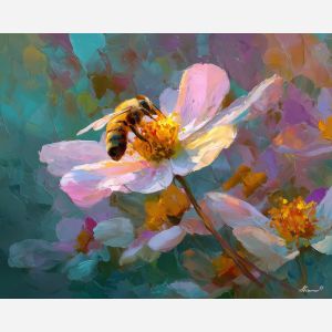 soft, focus, bee, palette knife, oil painting, impasto, thick paint, textured surface, expressive art, painterly style, material depth, visual rhythm, hand painted, layered pigment, atmospheric, fine art, contemporary painting
