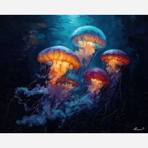 silent, heavy, scene, jellyfish, palette knife, oil painting, impasto, thick paint, textured surface, expressive art, painterly style, material depth, visual rhythm, hand painted, layered pigment, atmospheric, fine art, contemporary painting