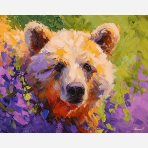 warm, features, bear close up, spring animal, wildlife portrait, animal face, palette knife, oil painting, impasto, textured surface, expressive animal, modern wildlife art, spring colors, painterly portrait, seasonal art, nature, close crop