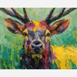 vivid, portrait, elk close up, spring animal, wildlife portrait, animal face, palette knife, oil painting, impasto, textured surface, expressive animal, modern wildlife art, spring colors, painterly portrait, seasonal art, nature, close crop