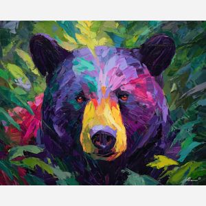 clear, energy, bear close up, spring animal, wildlife portrait, animal face, palette knife, oil painting, impasto, textured surface, expressive animal, modern wildlife art, spring colors, painterly portrait, seasonal art, nature, close crop