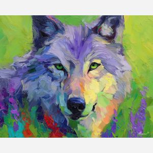 green, moment, wolf close up, spring animal, wildlife portrait, animal face, palette knife, oil painting, impasto, textured surface, expressive animal, modern wildlife art, spring colors, painterly portrait, seasonal art, nature, close crop