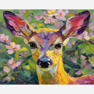 alive, portrait, deer close up, spring animal, wildlife portrait, animal face, palette knife, oil painting, impasto, textured surface, expressive animal, modern wildlife art, spring colors, painterly portrait, seasonal art, nature, close crop