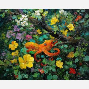 light, season, spring animals, octopi, wildlife art, nature scene, bright colors, palette knife, oil painting, impasto, textured surface, animal painting, springtime, modern wildlife art, painterly style, seasonal art, expressive painting