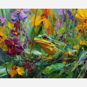radiant, balance, spring animals, frogs, wildlife art, nature scene, bright colors, palette knife, oil painting, impasto, textured surface, animal painting, springtime, modern wildlife art, painterly style, seasonal art, expressive painting