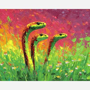vivid, horizon, spring animals, snakes, wildlife art, nature scene, bright colors, palette knife, oil painting, impasto, textured surface, animal painting, springtime, modern wildlife art, painterly style, seasonal art, expressive painting