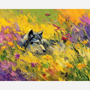 blooming, field, spring animals, wolves, wildlife art, nature scene, bright colors, palette knife, oil painting, impasto, textured surface, animal painting, springtime, modern wildlife art, painterly style, seasonal art, expressive painting