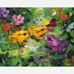natural, path, spring animals, frogs, wildlife art, nature scene, bright colors, palette knife, oil painting, impasto, textured surface, animal painting, springtime, modern wildlife art, painterly style, seasonal art, expressive painting