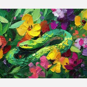 radiant, ground, spring animals, snakes, wildlife art, nature scene, bright colors, palette knife, oil painting, impasto, textured surface, animal painting, springtime, modern wildlife art, painterly style, seasonal art, expressive painting