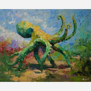 green, motion, spring animals, octopi, wildlife art, nature scene, bright colors, palette knife, oil painting, impasto, textured surface, animal painting, springtime, modern wildlife art, painterly style, seasonal art, expressive painting