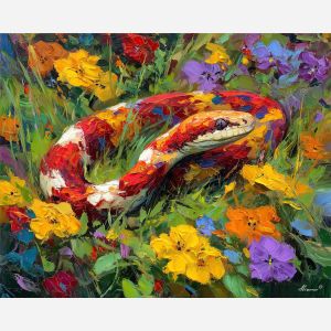 warm, field, spring animals, snakes, wildlife art, nature scene, bright colors, palette knife, oil painting, impasto, textured surface, animal painting, springtime, modern wildlife art, painterly style, seasonal art, expressive painting