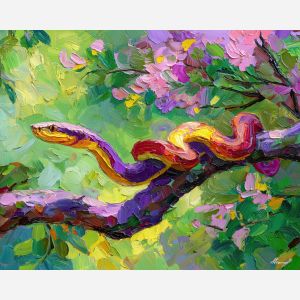 soft, space, spring animals, snakes, wildlife art, nature scene, bright colors, palette knife, oil painting, impasto, textured surface, animal painting, springtime, modern wildlife art, painterly style, seasonal art, expressive painting
