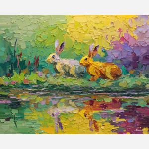 lively, moment, spring animals, hares, wildlife art, nature scene, bright colors, palette knife, oil painting, impasto, textured surface, animal painting, springtime, modern wildlife art, painterly style, seasonal art, expressive painting