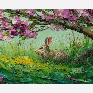 wild, clearing, spring animals, rabbits, wildlife art, nature scene, bright colors, palette knife, oil painting, impasto, textured surface, animal painting, springtime, modern wildlife art, painterly style, seasonal art, expressive painting