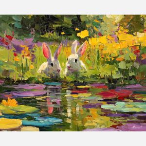 light, field, spring animals, rabbits, wildlife art, nature scene, bright colors, palette knife, oil painting, impasto, textured surface, animal painting, springtime, modern wildlife art, painterly style, seasonal art, expressive painting