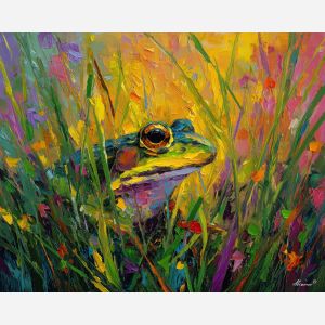 gentle, horizon, spring animals, frogs, wildlife art, nature scene, bright colors, palette knife, oil painting, impasto, textured surface, animal painting, springtime, modern wildlife art, painterly style, seasonal art, expressive painting