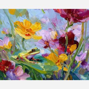 airy, field, spring animals, frogs, wildlife art, nature scene, bright colors, palette knife, oil painting, impasto, textured surface, animal painting, springtime, modern wildlife art, painterly style, seasonal art, expressive painting