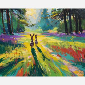 sunlit, balance, spring animals, hares, wildlife art, nature scene, bright colors, palette knife, oil painting, impasto, textured surface, animal painting, springtime, modern wildlife art, painterly style, seasonal art, expressive painting