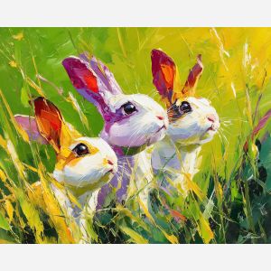 green, place, spring animals, rabbits, wildlife art, nature scene, bright colors, palette knife, oil painting, impasto, textured surface, animal painting, springtime, modern wildlife art, painterly style, seasonal art, expressive painting