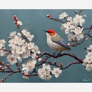 spring bird,blossoming tree,oil painting