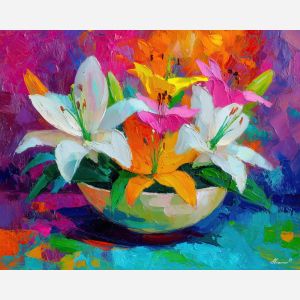 radiant, still, life, lilies, flowers on table, still life, floral art, palette knife, oil painting, impasto, textured surface, colorful flowers, vase, tabletop, bright colors, modern still life, painterly style, decorative art