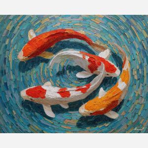 koi, fish, modern art, palette knife, oil painting, impasto, textured surface, contemporary, expressive, visual art, creative, abstract, painterly, bold colors, concept art, illustrative, graphic