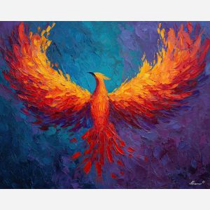 phoenix, palette knife, oil painting, impasto, textured surface, artwork, expressive, modern, creative, visual art, illustration, bold colors, painterly, contemporary, graphic, conceptual