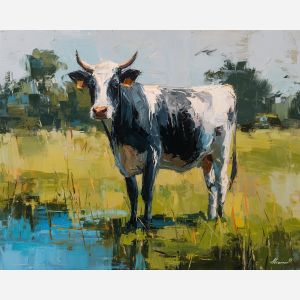cow, palette knife, oil painting, impasto, textured surface, artwork, expressive, modern, creative, visual art, illustration, bold colors, painterly, contemporary, graphic, conceptual