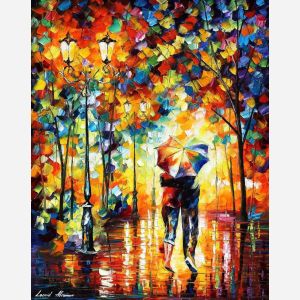 painting of a couple walking in the rain, couple walking in the rain painting, romantic couple in rain painting, walking in the rain wall art