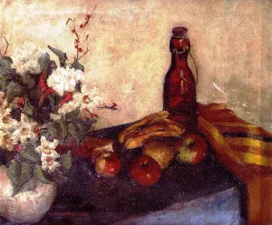 Still Life of Flowers in a Bowl, Fruit and a Glass Bottle