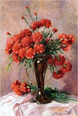 Red Carnations in a Silver Vase