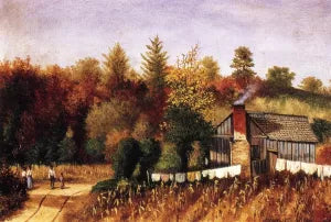 Autumn Scene in North Carolina with Cabin, Wash Line, and Cornfield