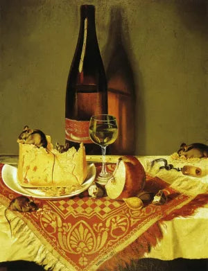 Still Life with Cheese, Bottle of Wine and Mouse