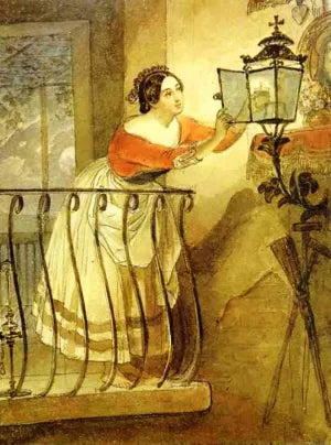 Italian Woman Lightning a Lamp Before the Image of Madonna