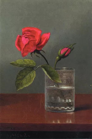 Red Rose and Bud in a Tumbler on a Shiny Table