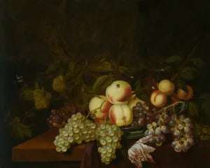 Still Life of Peaches and Grapes in a Porcelain Bowl with Butterfly Arranged on a Table Partly Draped with Cloth