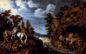 A Rocky Landscape With A Stallion, Bull And Camel Overlooking A Lion's Den