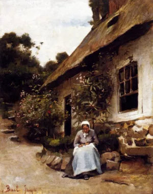 Woman Sewing in front of Her Cottage