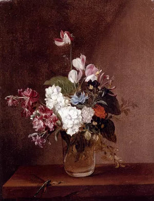 Still Life with Garden Flowers in a Glass Vase and a Dragonfly