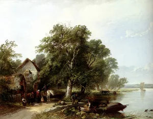 River Landscape with Figures Loading a Boat