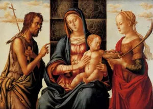 The Madonna and Child Enthroned with Saints John the Baptist and Dorothy Tempera on Panel